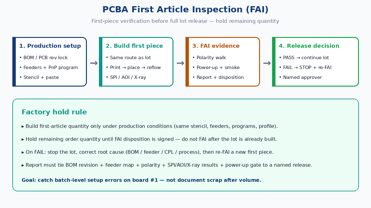 PCBA first article inspection hold point before full lot release