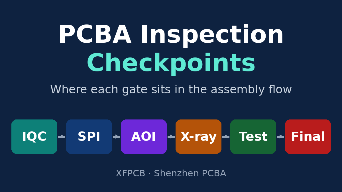 PCBA inspection checkpoints along the assembly flow: IQC, SPI, AOI, X-ray, test, final