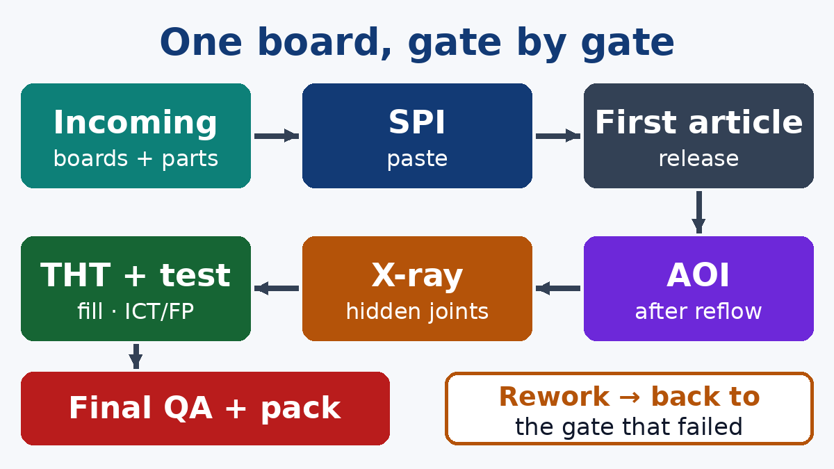 Inspection checkpoints along the PCBA flow: incoming, SPI, AOI, X-ray, test, final