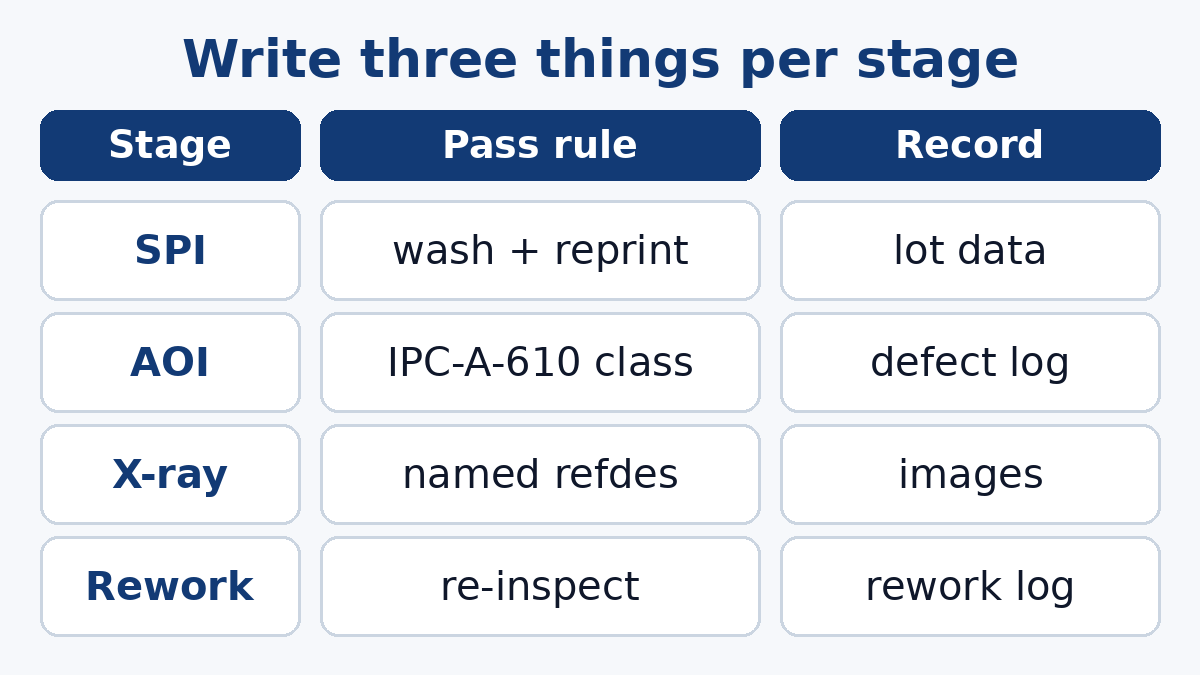 What to require at each inspection stage: gate, pass rule, record