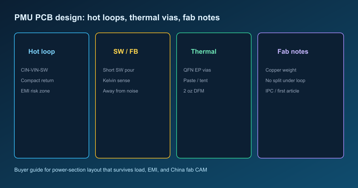 PMU PCB design: hot loops, thermal vias, and fab notes