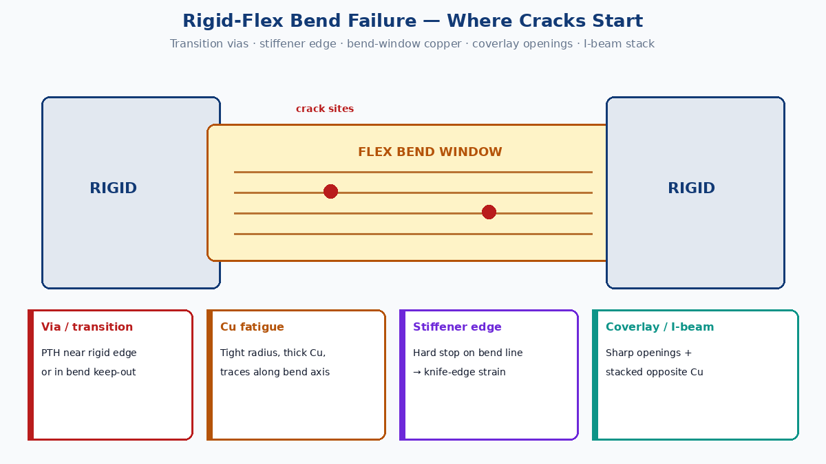 Rigid-flex PCB bend failure modes: crack locations at transition, stiffener edge, and vias