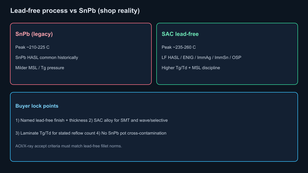 Lead-free vs SnPb reflow peaks Tg Td and finish selection