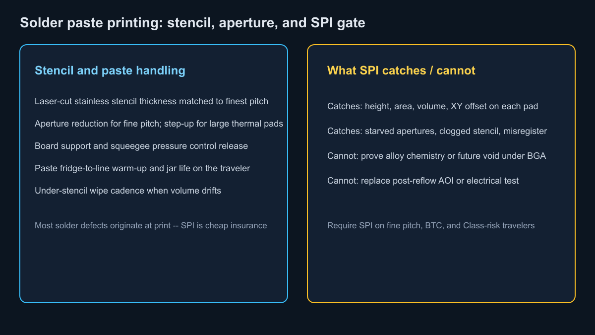 Solder paste printing stencil aperture notes and SPI gate