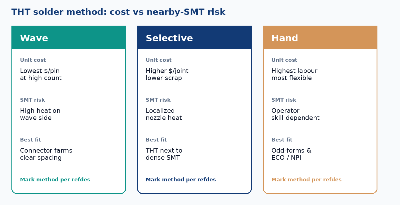 Wave solder vs selective solder vs hand solder: cost, heat exposure, and best-fit pin density