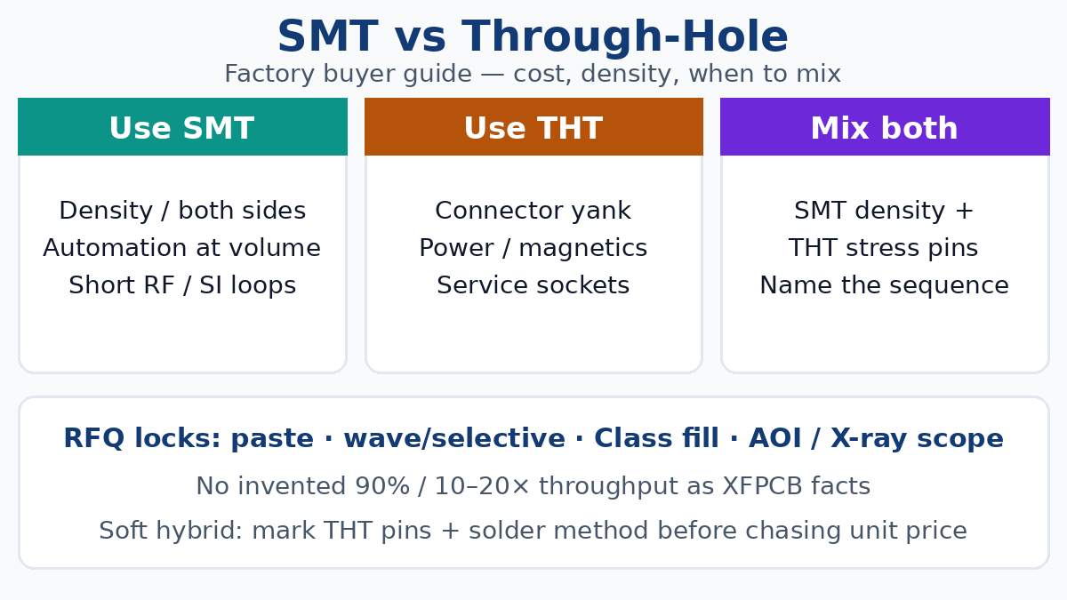 SMT vs through-hole — factory buyer guide to cost, density, and when to mix