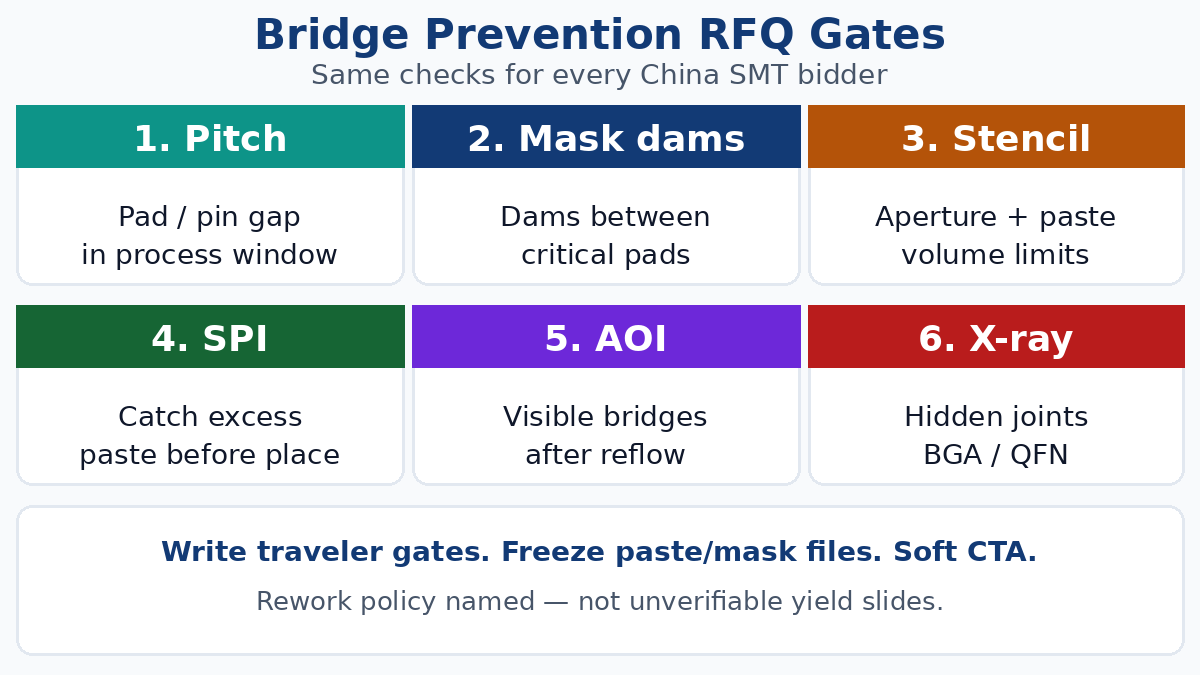Solder bridge RFQ prevention — design process and SPI AOI X-ray gates