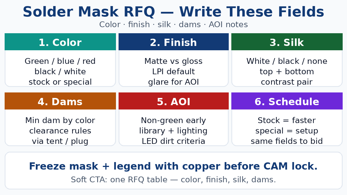 Solder mask RFQ checklist — color, finish, silk, dams, AOI