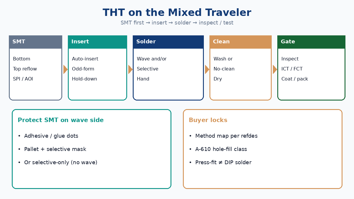 THT process after SMT: insert, wave/selective/hand solder, then inspect/test
