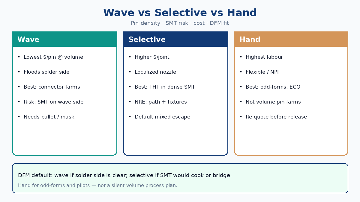 Wave vs selective vs hand: pin density, SMT risk, cost, DFM fit