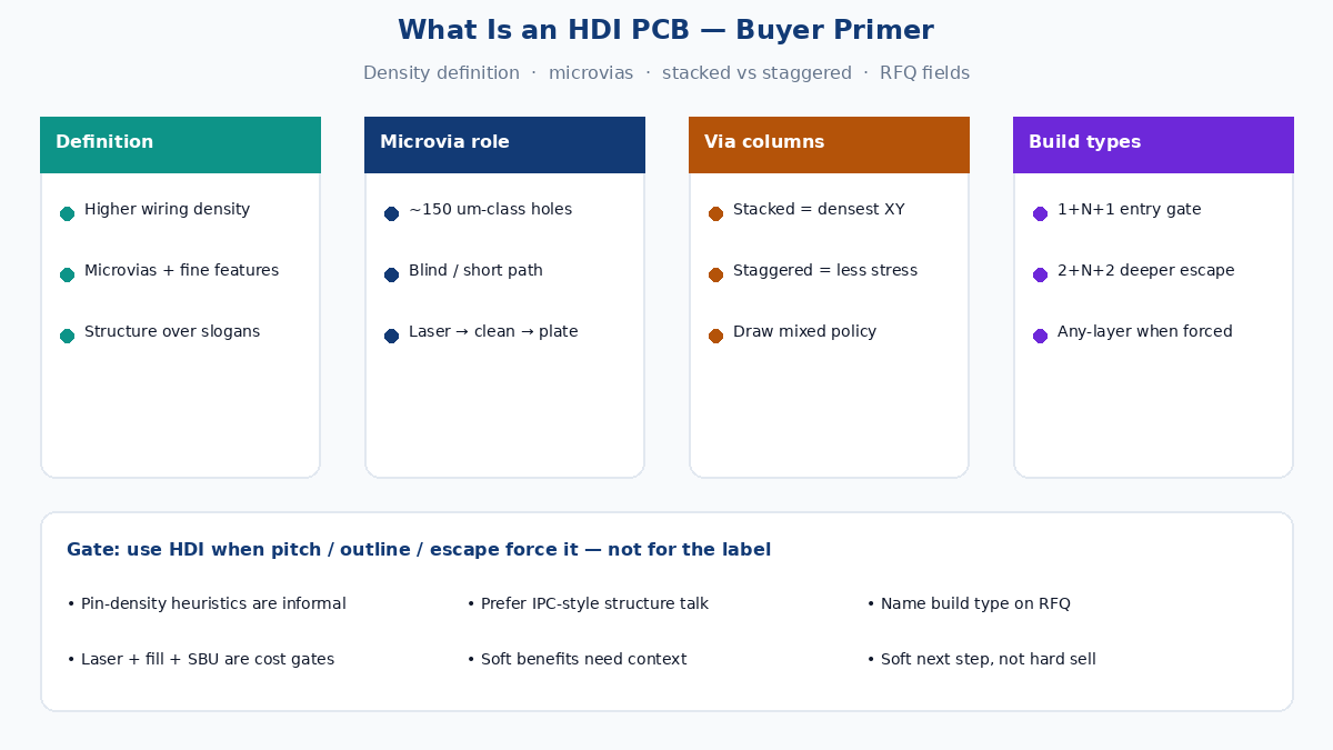 What is an HDI PCB — density definition, microvias, and buyer RFQ basics