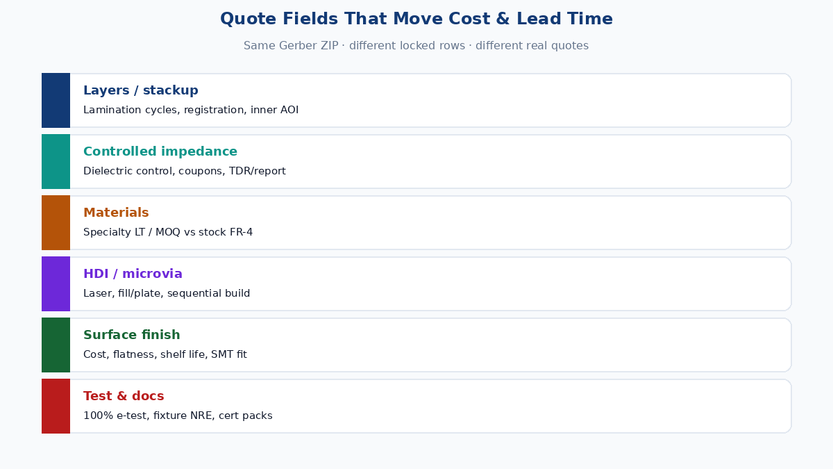Quote fields that move PCB fab cost and lead time — layers, impedance, materials, HDI, finish